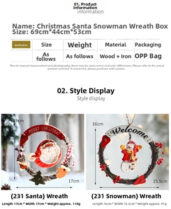 Detailed size and weight specs for Christmas wreaths featuring Santa and snowman wood motifs