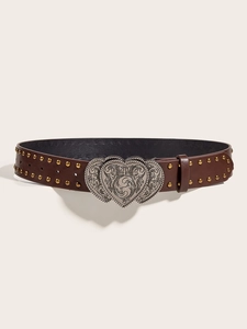 Detail of brown PU leather belt featuring silver heart buckle and gold stud accents