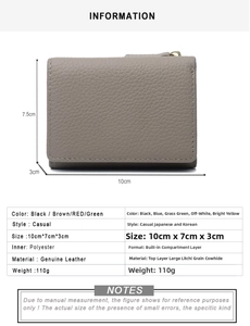 Detail view of grey trifold leather wallet showing lychee grain texture and dimensions