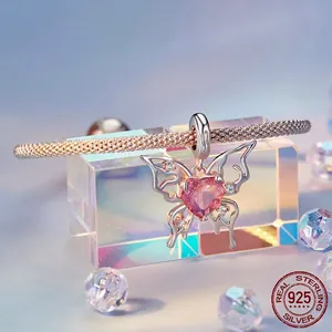 Pink heart crystal butterfly charm in S925 sterling silver on mesh bracelet chain