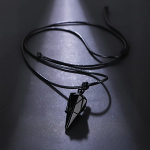 Octagonal black obsidian crystal pendant necklace with handmade woven rope wrap