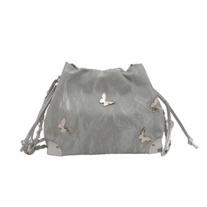 Silver metallic drawstring bag with 3D butterfly metal buckle and chain strap
