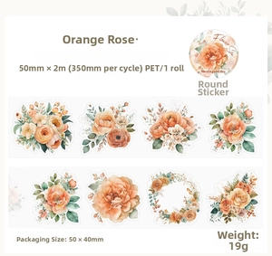 Detail of Orange Rose PET tape showing 50mm width and 350mm floral pattern cycle