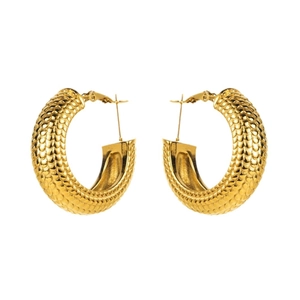 Gold chunky hoop earrings with textured snakeskin pattern in polished stainless steel