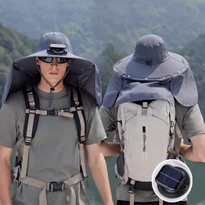Outdoor Sonnenhut Mit Solarbetriebenem Ventilator Breiter Krempe Nackenschutz Atmungsaktives Nylon Wasserdicht UV-Schutz