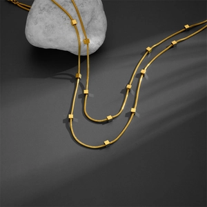 Minimalist double-layered titanium steel snake chain necklace with gold cube charms