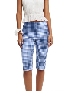 Women's summer blue and white plaid cropped straight leg pants with elastic waist
