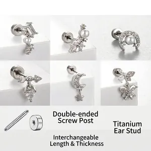 Boucles Oreilles Cartilage Acier Titane Zircon Étoile Lune Papillon Cœur Flèche Design Couleur Argent Bijoux Piercing