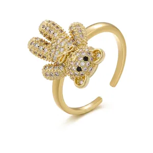 Chic gold-plated brass open ring featuring a 3D teddy bear inlaid with zircon crystals