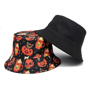 Halloween cartoon printed bucket hat and plain black sun hat for outdoor sun protection