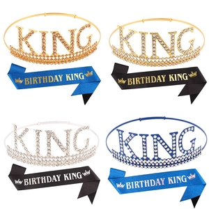 Couronne Et Écharpe Birthday King Pour Hommes Diadème En Alliage Et Strass Bandeau Épaule Tissu Accessoires De Fête