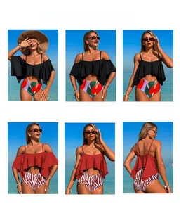 Detail of ruffle bikini sets featuring black and red tops with patterned high-waist bottoms