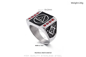 Detail view of Masonic stainless steel ring with red rhinestones and 20g weight spec