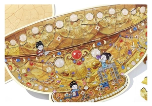 Macro detail of 2.5D jigsaw puzzle sticker with gold fan-shaped motifs and gems