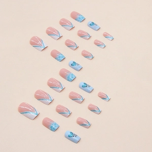 Faux ongles carrés moyens bleu et rose avec cœurs pailletés, ensemble de 24 pièces