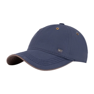 Navy blue baseball cap with metal logo, curved brim and brown trim for summer sun protection