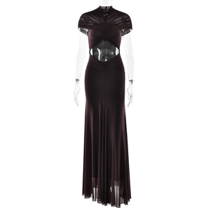 Detail of dark brown ruched maxi dress with cutout waist and pleated halter neckline