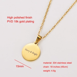 Gold Merry & Bright stainless steel necklace with round pendant and polished finish
