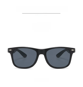 Front view of classic oversized black square sunglasses with grey lenses and rice studs