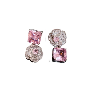 Elegant jewelry set featuring camellia flower and square pink crystal asymmetric earrings