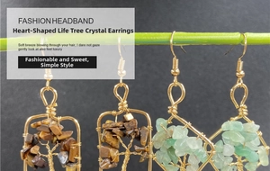 Detail of handmade heart-shaped Tree of Life earrings with natural crystal wire wrapping