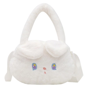 Cute white plush cat shoulder bag for girls featuring detailed cartoon face embroidery