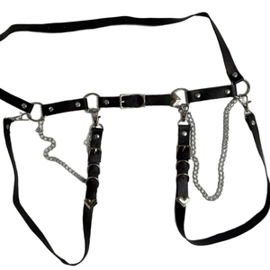 Harajuku punk gothic black leather harness with silver chains and heart buckles