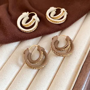 Double Layer Round Hoop Earrings With Silver Earring Post Gold Plated Copper Geometric Retro Texture For Women
