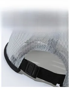 Detail of adjustable strap and buckle on breathable grey mesh sports baseball cap