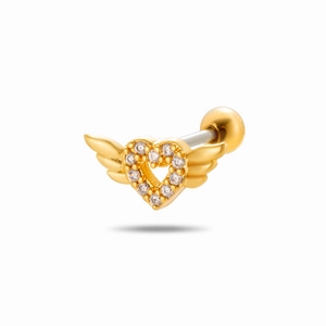 Golden heart wing cartilage stud earring with cubic zirconia and screw ball back