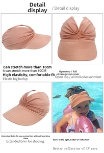 Close-up of pink stretchable sun visor with wide brim and UV protection detail