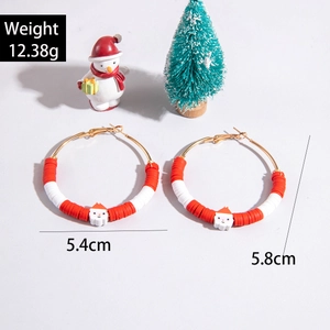 Detail view of snowman hoop earrings with red and white polymer clay beads and dimensions