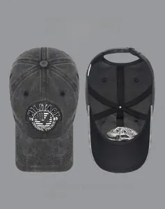 Detail view of vintage washed baseball cap with 1985 military embroidery and metal buckle