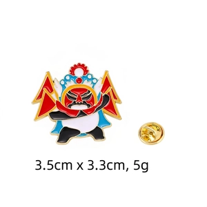 Detail view of Panda Opera enamel pin measuring 3.5x3.3cm with weight 5g specs