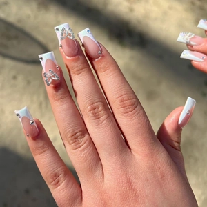 French Tip Press On Nails With Silver 3D Butterfly Rhinestone Pink White Long Square False Nails For Women Wedding Party