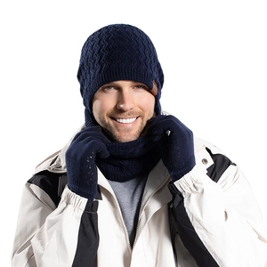 Navy blue winter knitted beanie hat, neck warmer, and gloves set for men in outdoor style