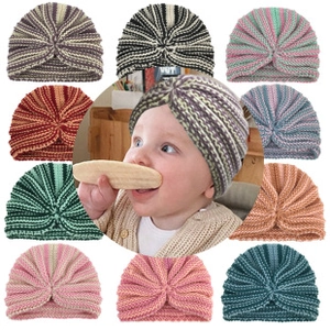 Collage of knit baby turbans showing various colorful stripes and solid flower designs