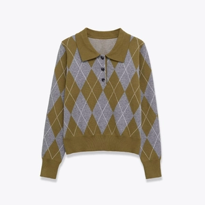 Women Argyle Knitted Polo Sweater Long Sleeve Pullover Soft Vintage Preppy Style Autumn Winter Clothing