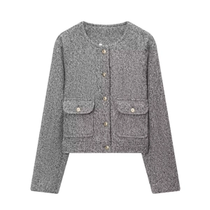 Veste En Tweed Élégante Pour Femmes Col Rond Boutons Dorés Manteau Court Vintage Manches Longues Avec Poches