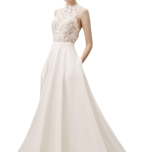 Elegant white sleeveless satin wedding dress with intricate lace bodice and A-line silhouette