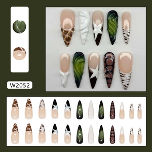 Press-on nail set W2052 with 24 long stiletto pieces in zebra and marble designs