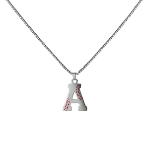 Close-up of silver letter A pendant with red baseball stitching texture and metal chain