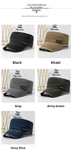 Detail view of washed cotton military caps in five colors with FS FASHION woven label