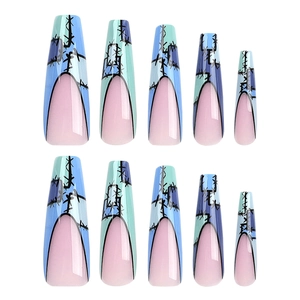 Extra long blue green gradient coffin press on nails with black thorn patterns