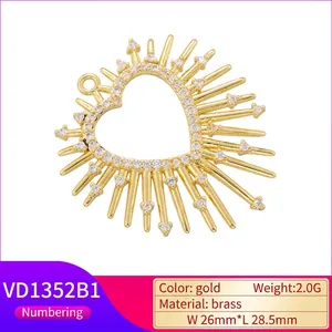 18K gold plated brass sunflower heart pendant with zircons, size 26mm x 28.5mm