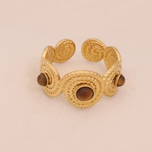 Vintage gold spiral open ring featuring natural brown tiger eye stone in polished finish