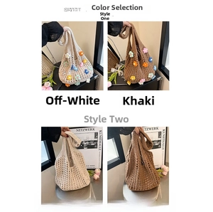 Collage of knit hollow tote bags in cream and khaki with floral crochet detail