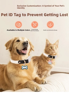 Detail showing bone and paw shaped pet ID tags on leather collars for dogs and cats