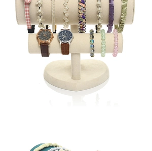 Detail of double-tier velvet jewelry stand with heart base for headbands and bracelets