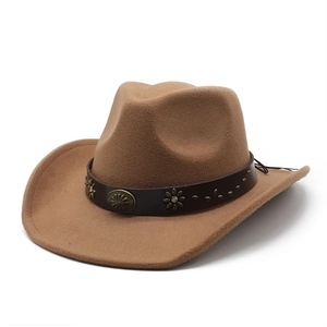 Chapeau de cowboy western classique en feutre de laine marron avec bande en cuir ornée